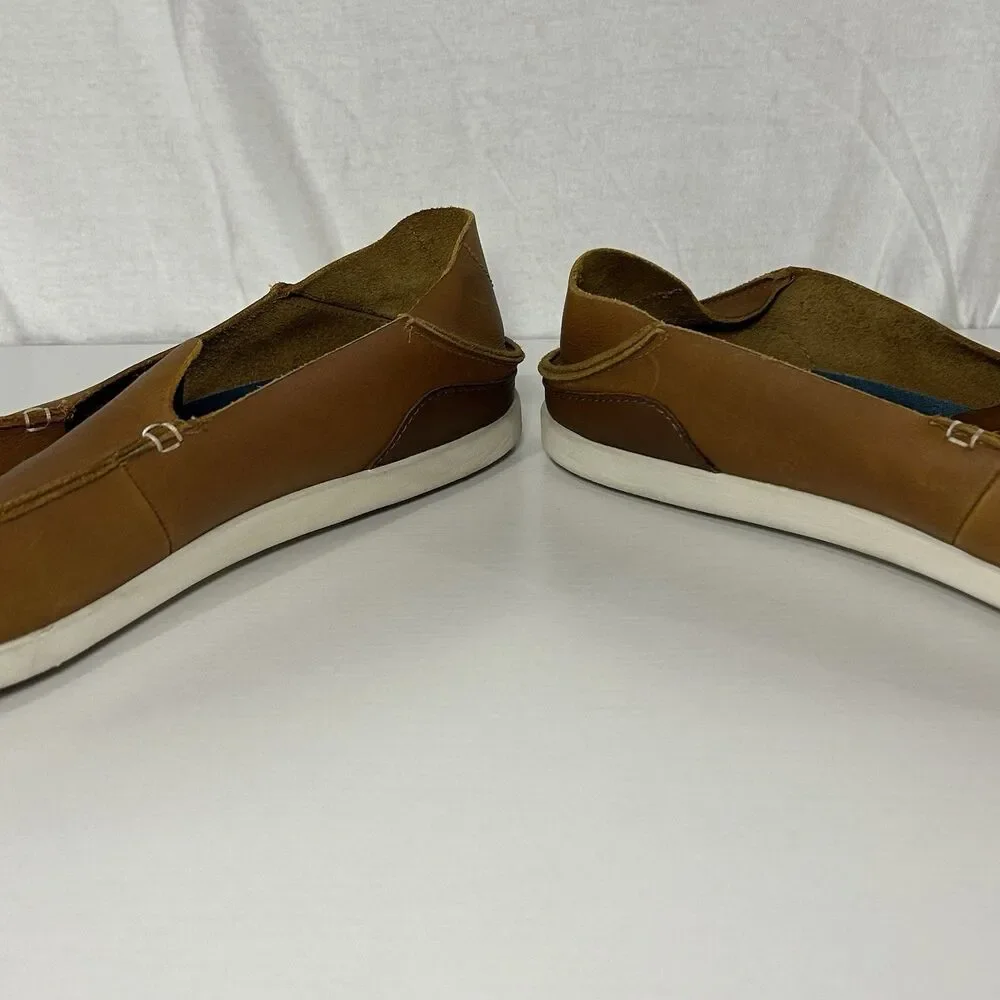 Olukai Nalukai Brown Leather Slip On Drop Heel Loafer Shoes Mens Size US 14